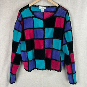 Vintage SMG Womens Suede Patchwork Jacket Size 1X Boho Festival Crochet Colorful